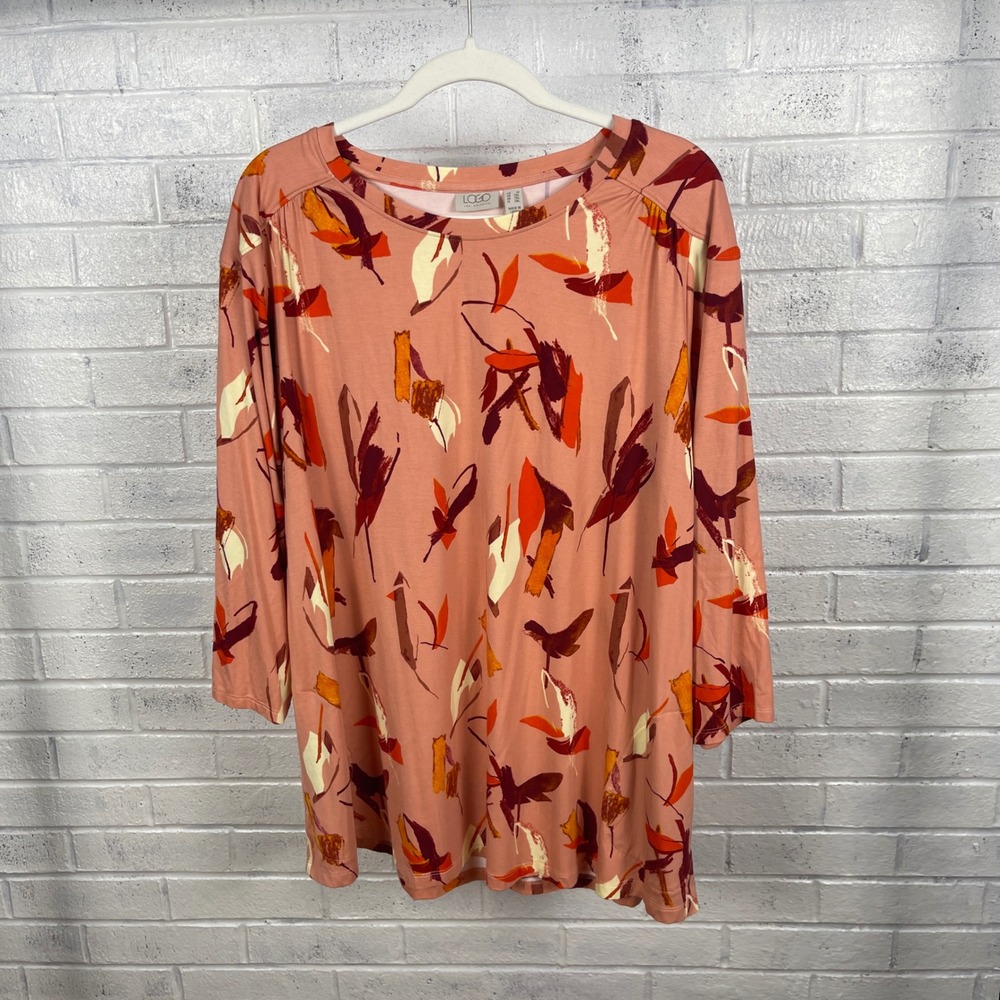 LOGO Lori Goldstein Tunic Top Womens 1X Abstract Floral Pink Orange Artsy Boho